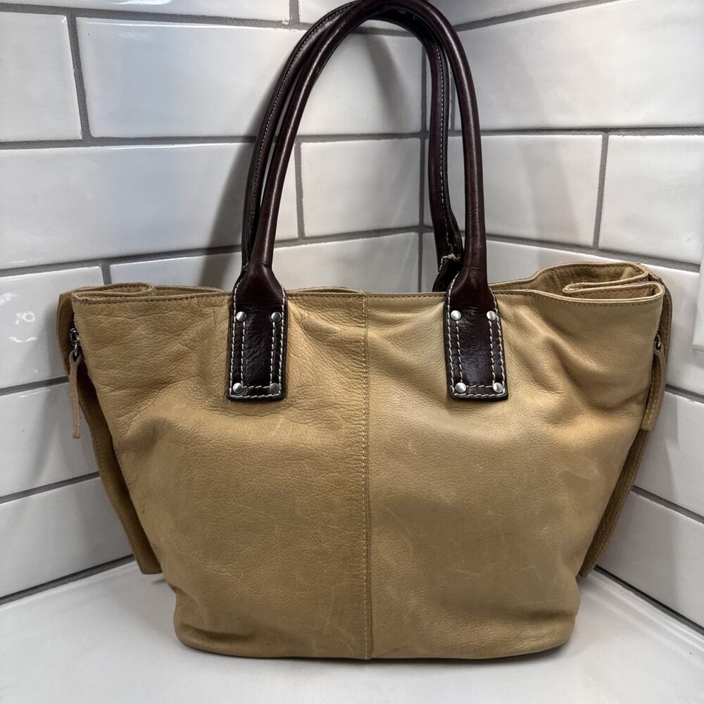 MARZIA Leather Shoulder Bag Made in Italy Double Handles Tan Brown Tote